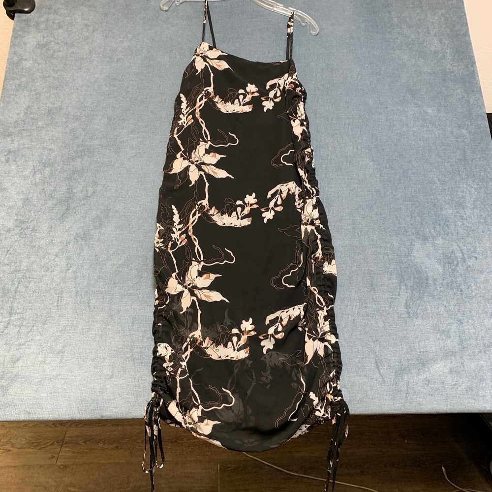 Shona Joy Shadows Ruched Slip Mini Dress Womens 2 Black Floral Spaghetti Strap